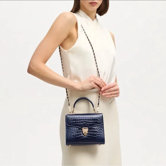 Aspinal of London Midi Mayfair Bag - Patent Croc with Chain Strap - Picture 3 of 5